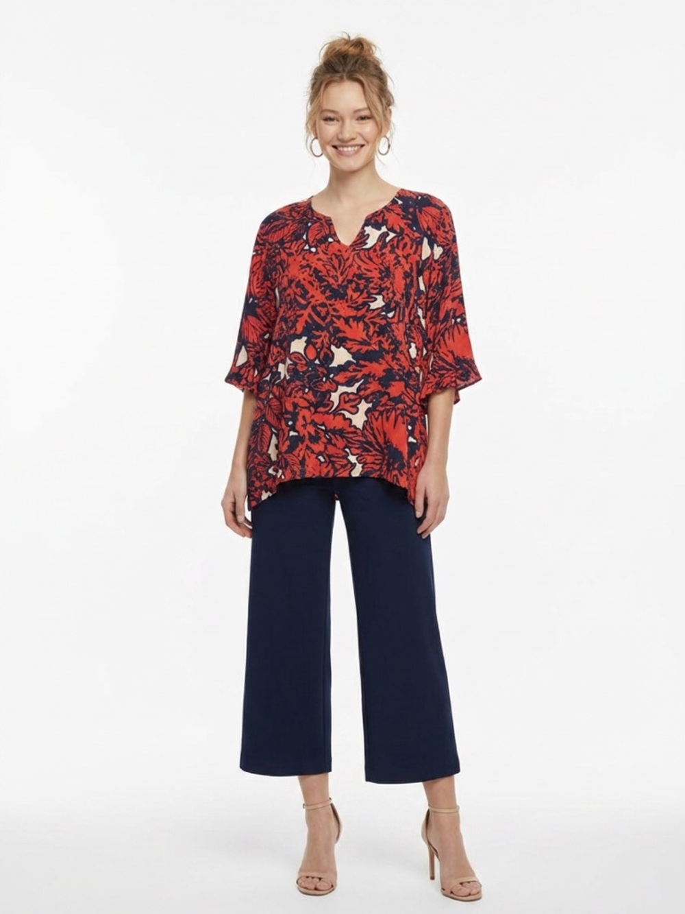 Vibrant Coral & Navy Floral Tunic Top